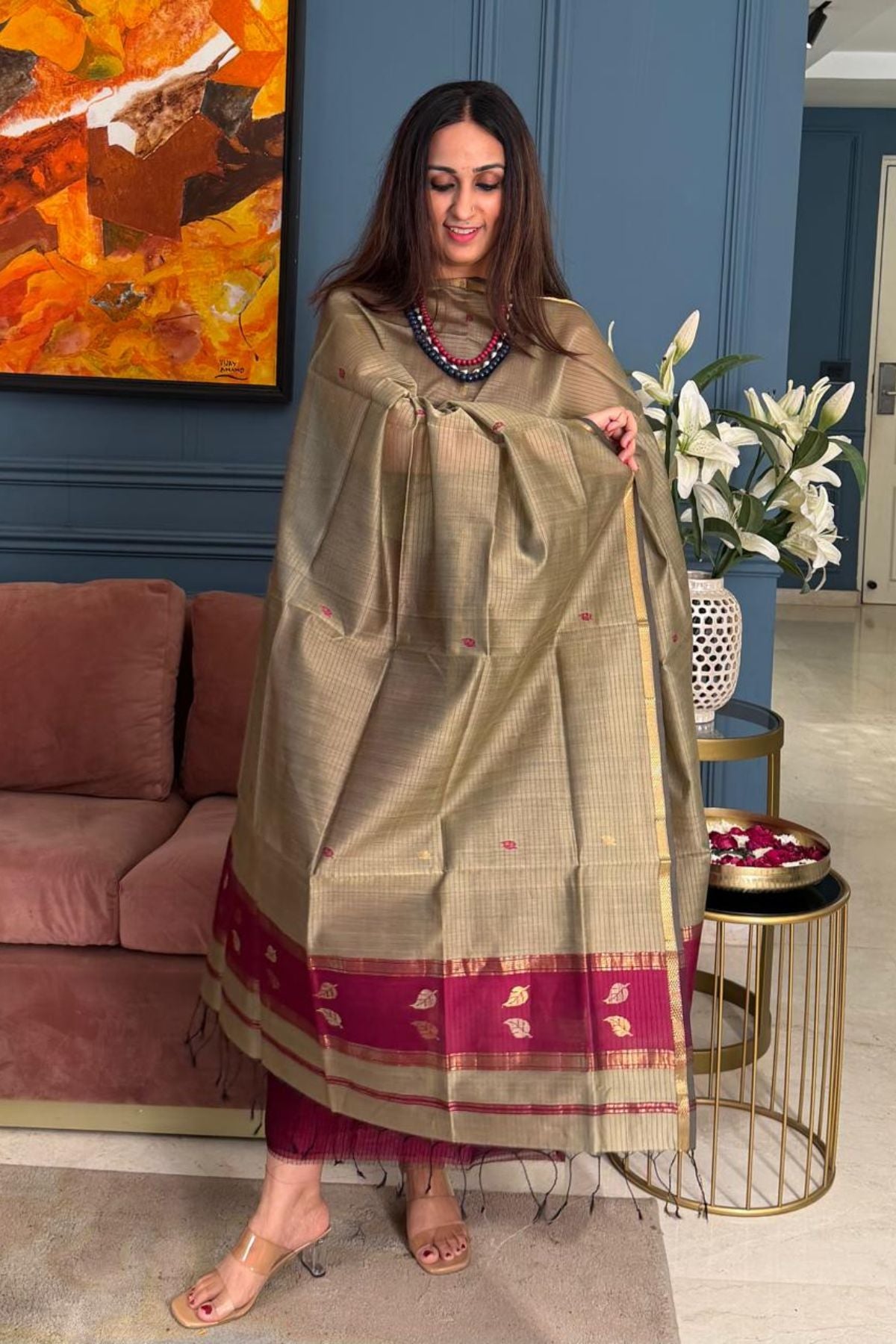 Maheshwari handloom silk by cotton kurta dupatta set